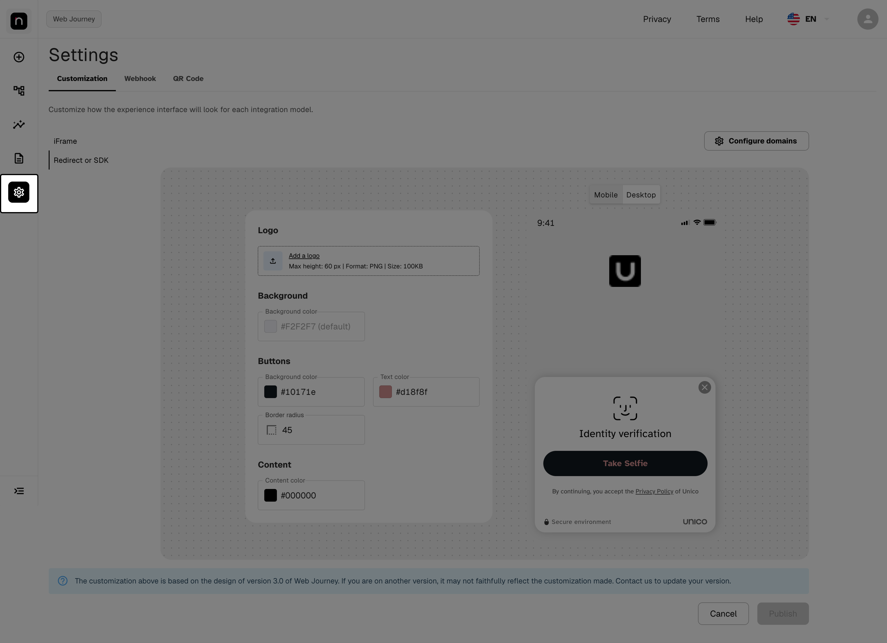 Settings screen, with the gear icon highlighted in the sidebar