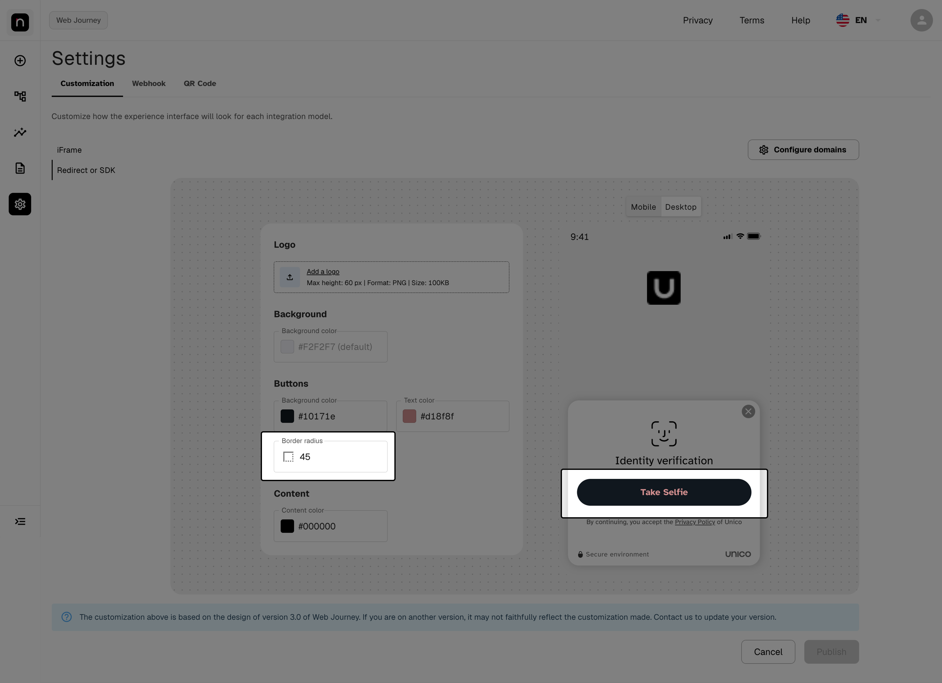 Border radius field, with the button reflected in the preview