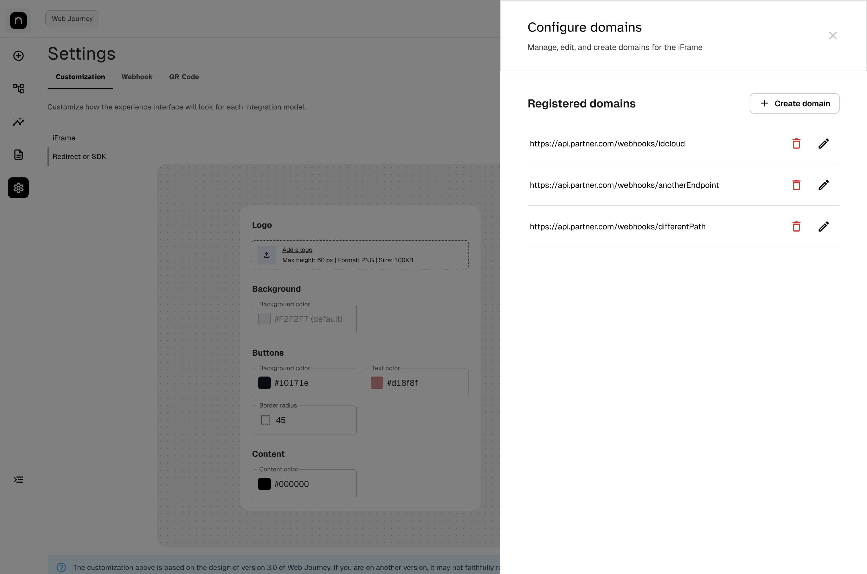 Configure domains panel with the list of registered domains