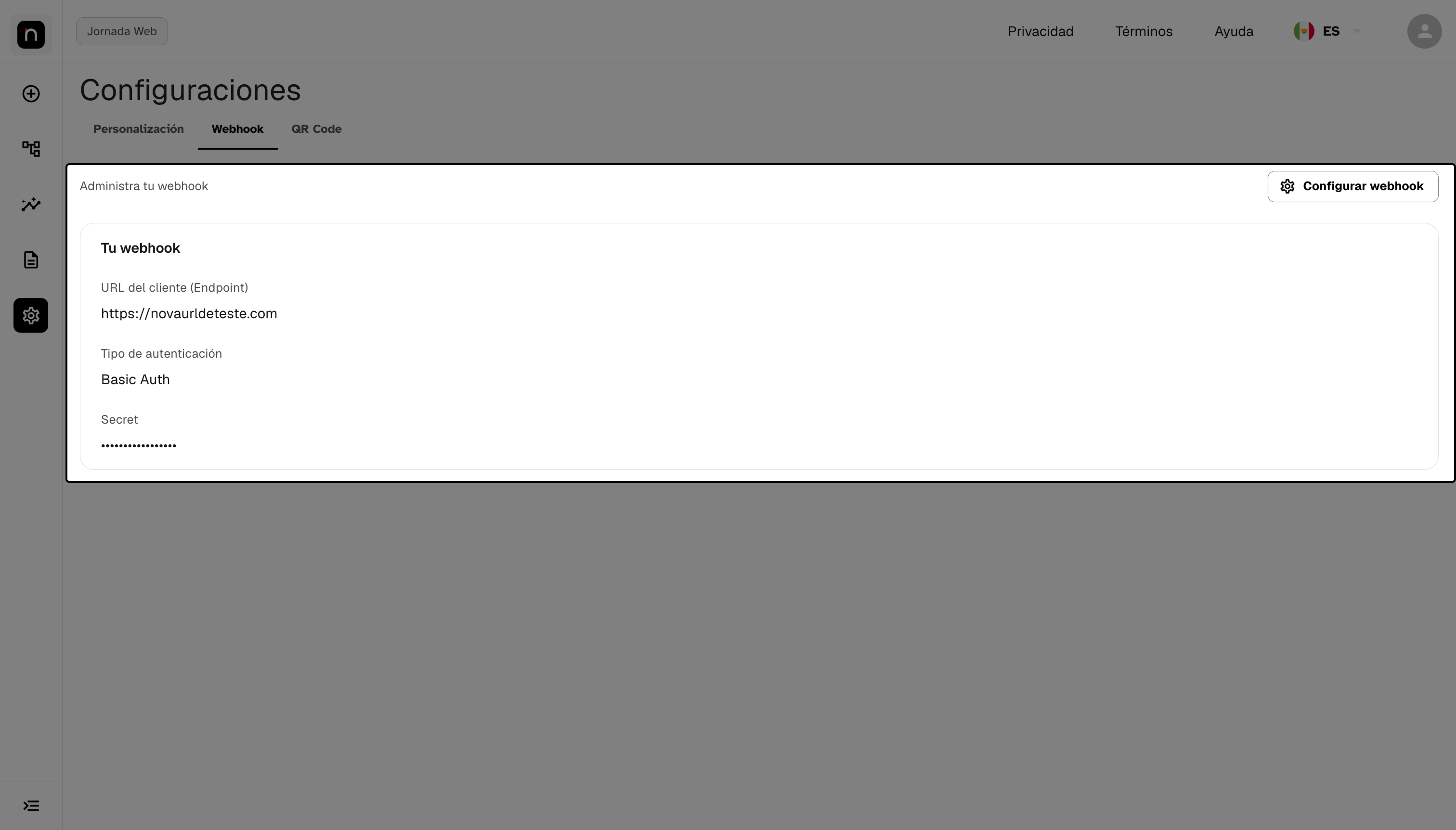 Tarjeta Administra tu webhook, con el botón Configurar webhook