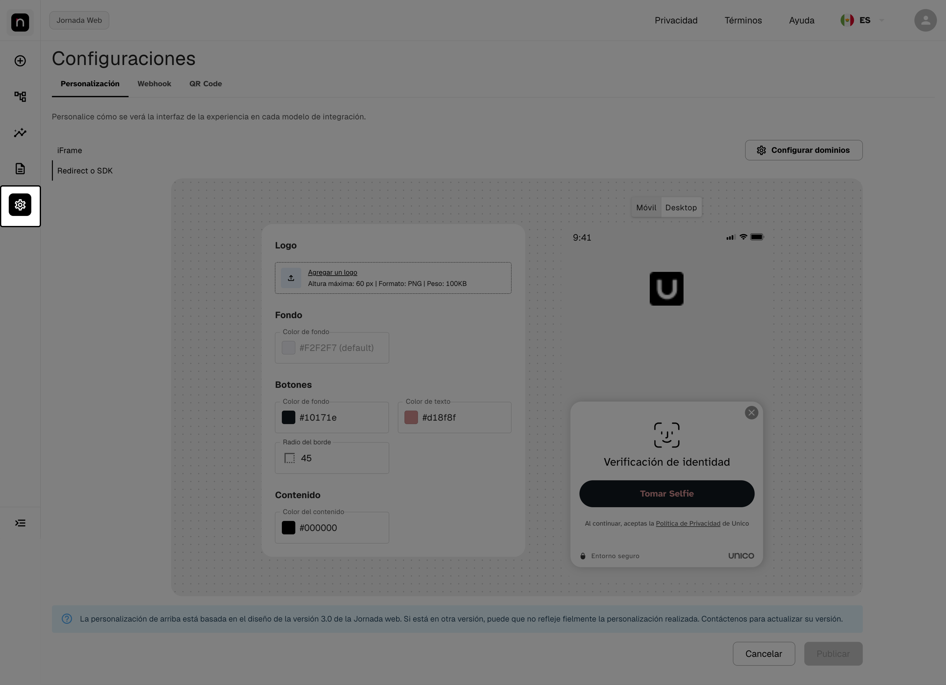 Pantalla de Configuraciones, con el ícono de engranaje destacado en el menú lateral