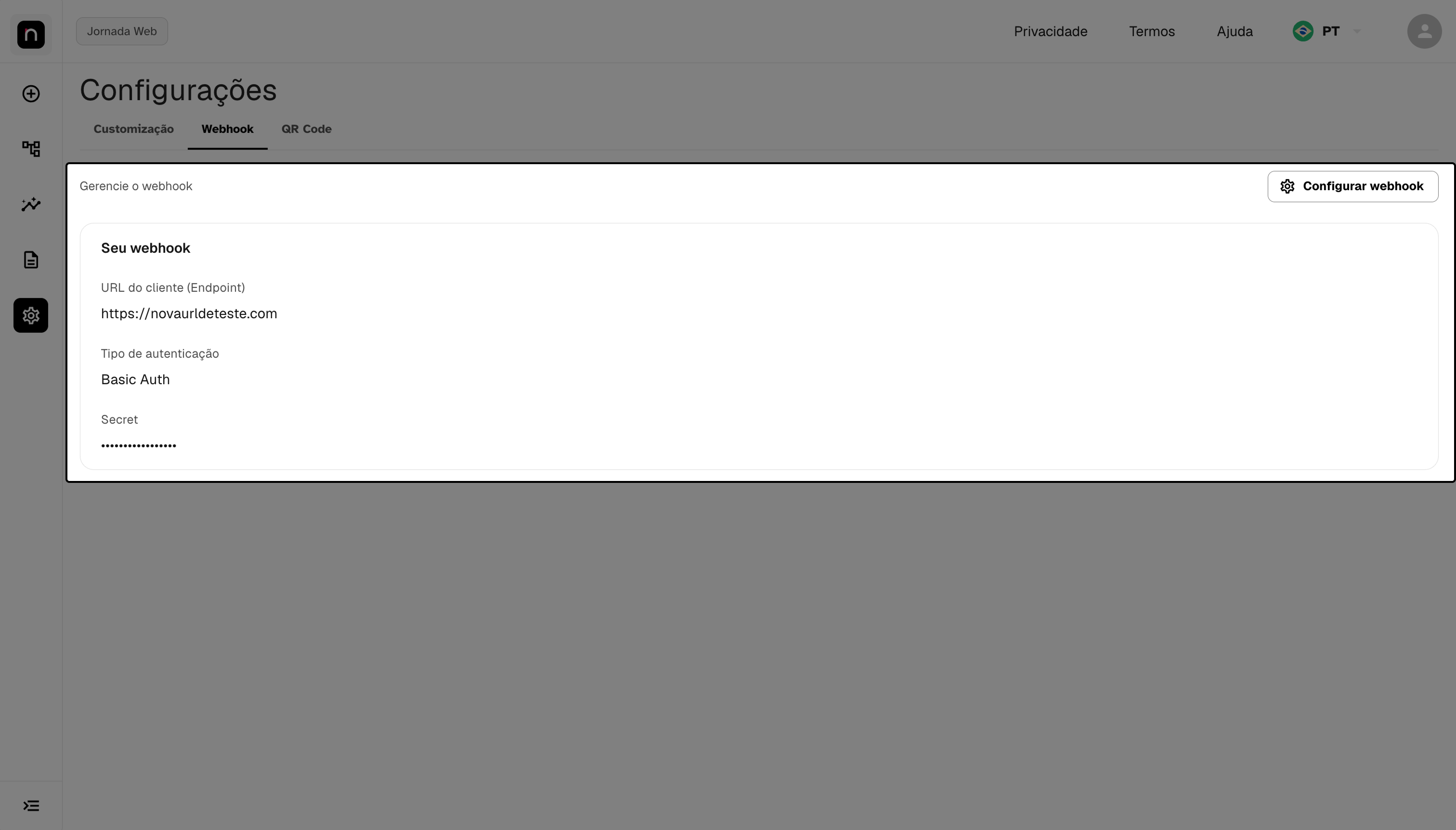 Card Gerencie o webhook, com o botão Configurar webhook