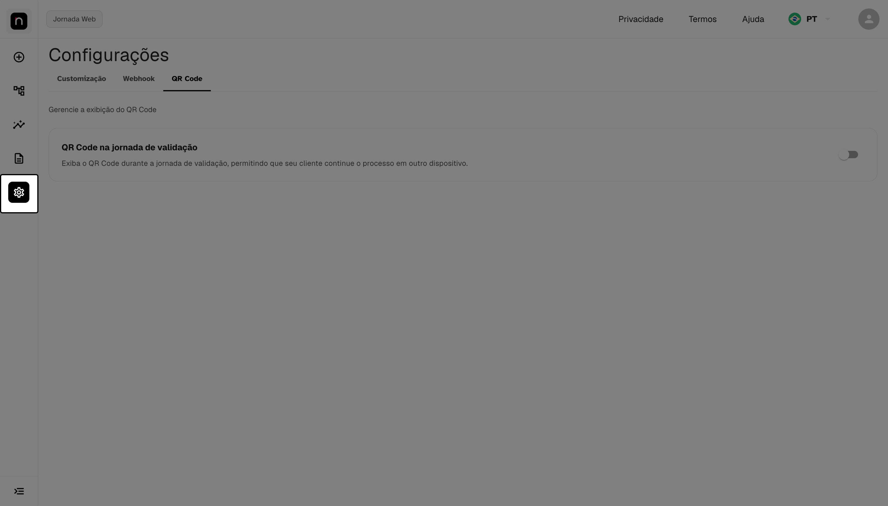 Aba QR Code, com o ícone de engrenagem destacado