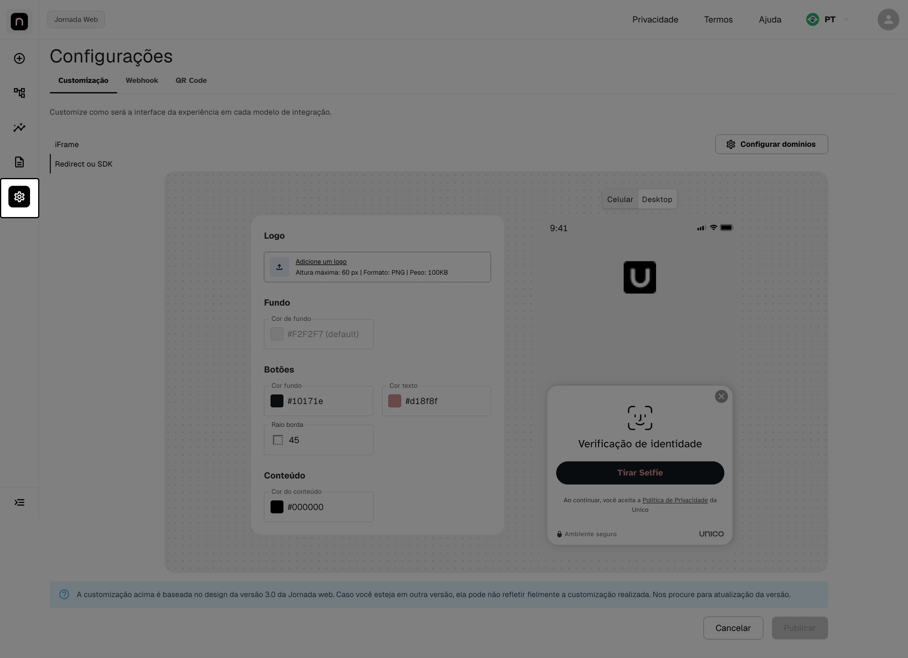 Tela de Configurações, com o ícone de engrenagem destacado no menu lateral