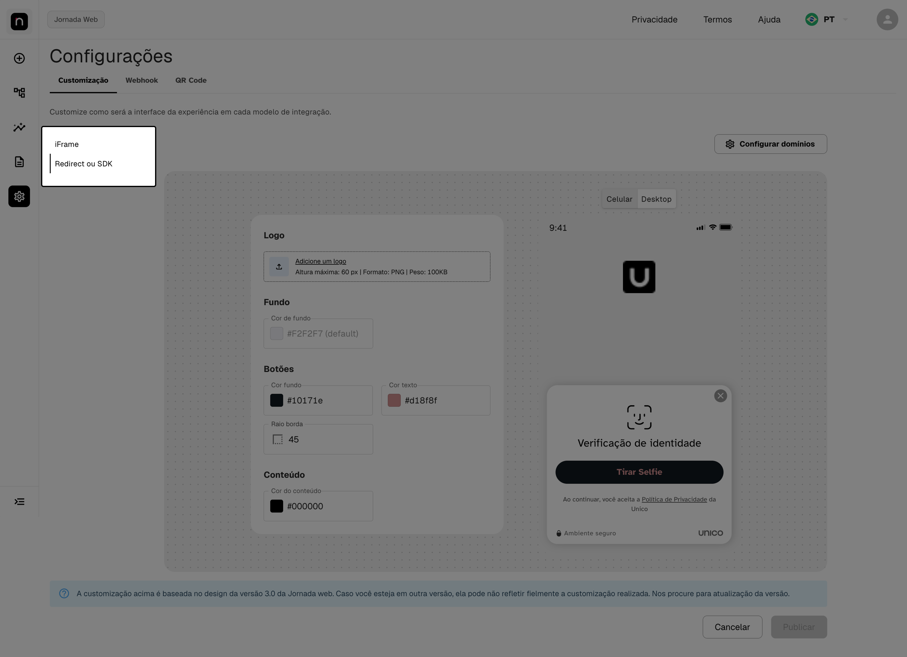 Seletor iFrame / Redirect ou SDK, destacado