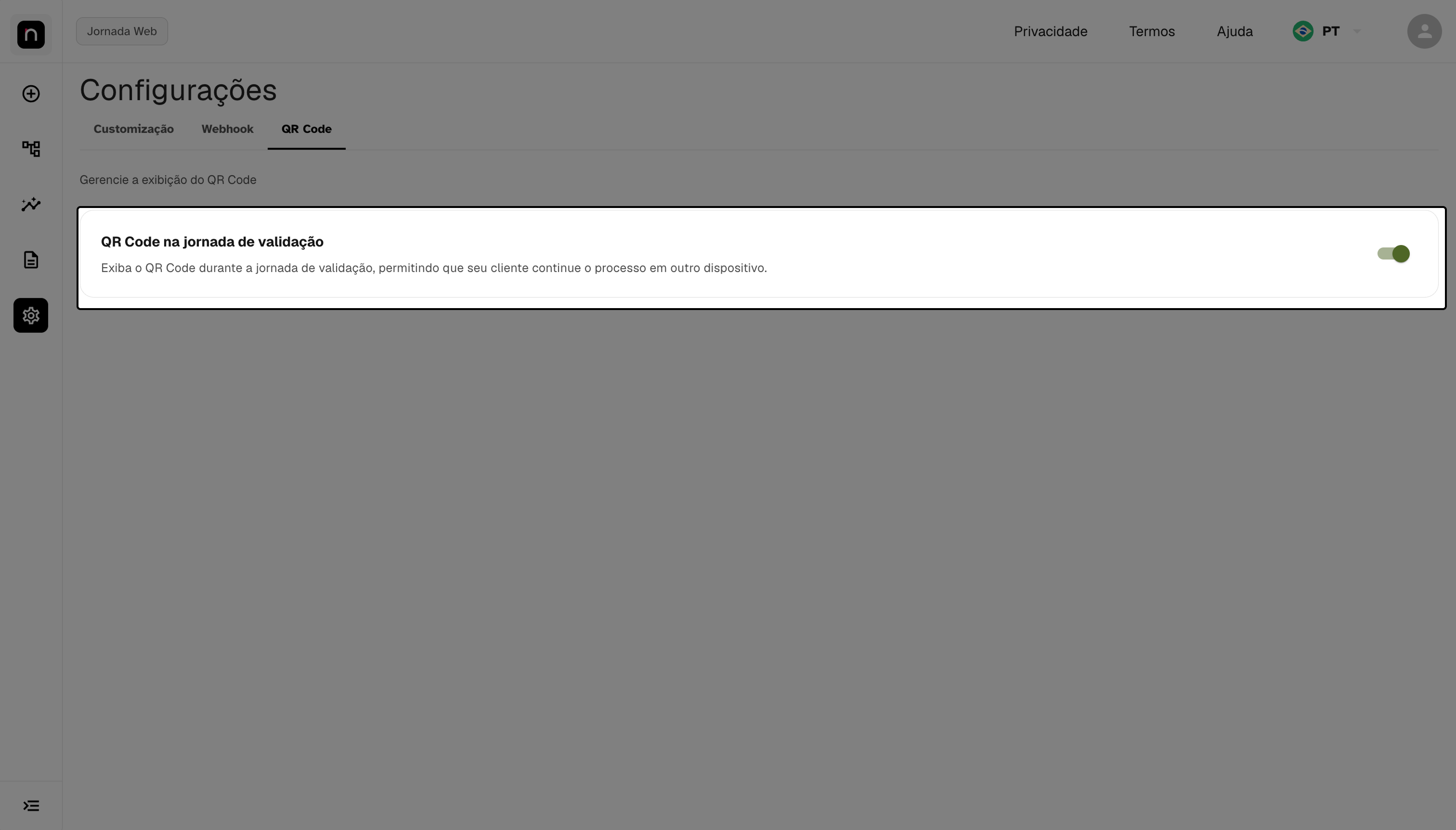 Seletor Ativar QR Code na jornada, ligado