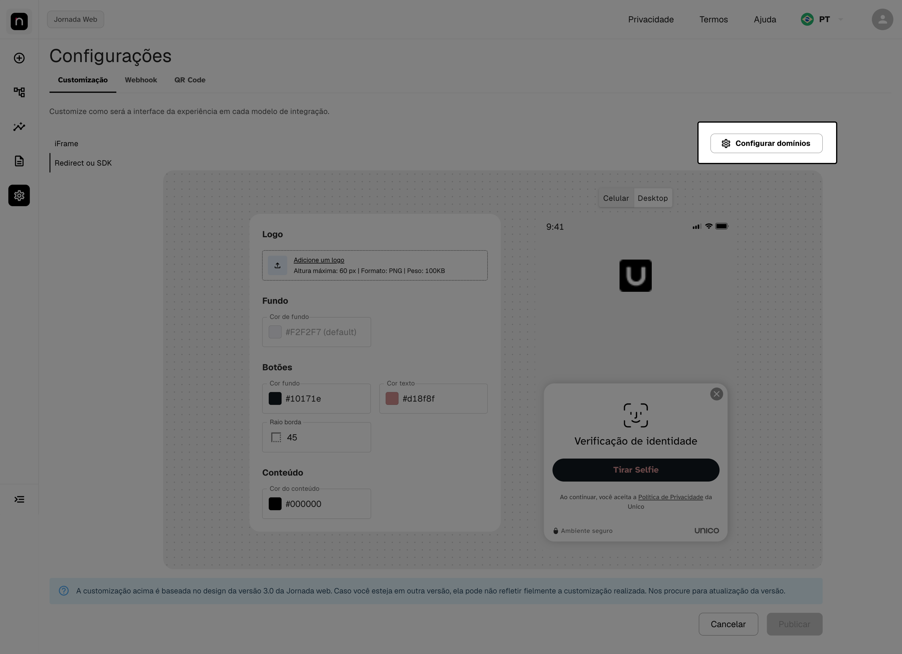 Botão Configurar domínios, destacado